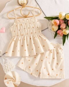 Conjunto informal de niña con top de tirantes con estampado de corazón a rayas