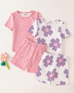 Conjunto de pijama con estampado floral lavanda púrpura & lunares rosas