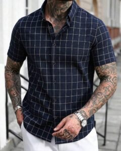 Camisa casual de manga corta holgada de negocios a cuadros