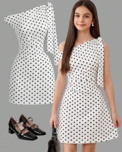 Vestido ajustado con hombros oblicuos y volantes con estampado de lunares