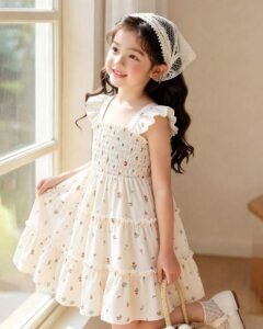 Vestido con estampado floral diminuto y mangas de vuelo delicadas