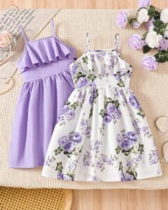 Vestidos de verano para niñas, estampado floral y unicolor sin mangas