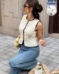 Blusa sin mangas minimalista de color contrastante para mujer