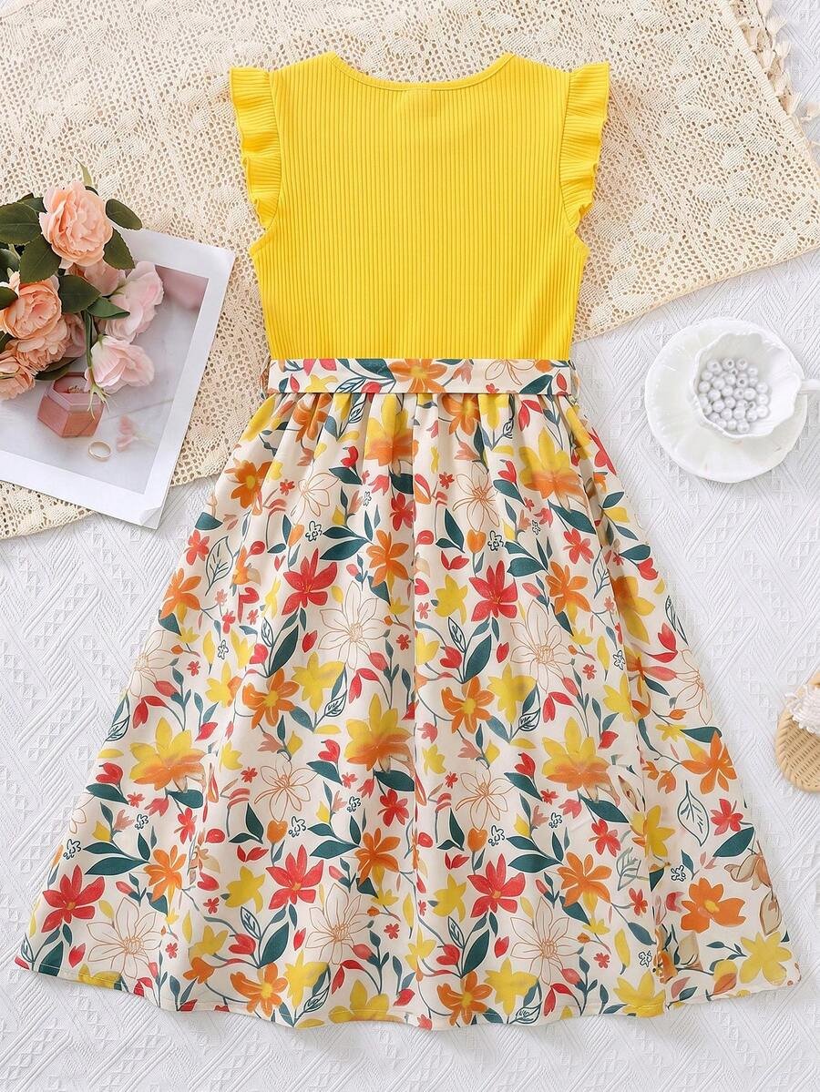 Vestido con estampado floral, volantes en las mangas y cinturón - Imagen 2