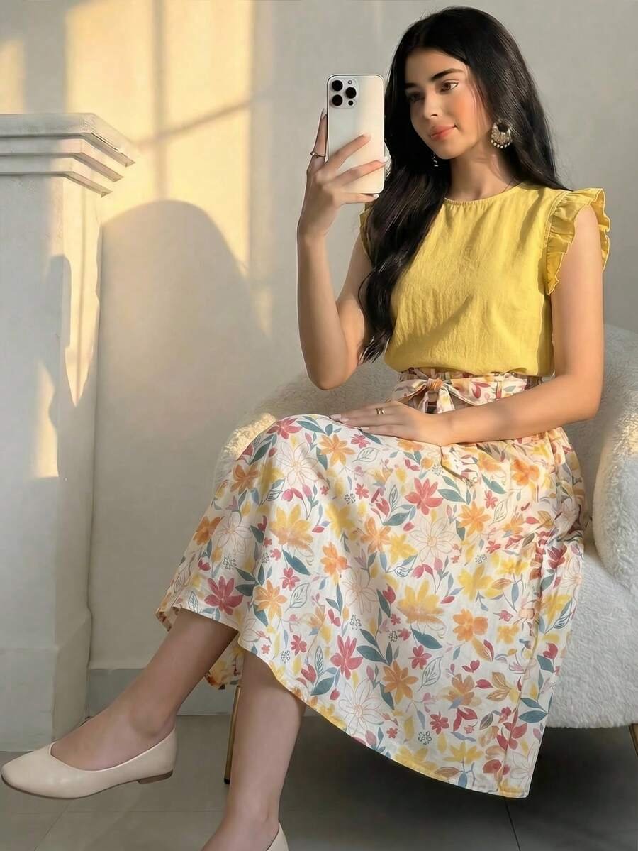 Vestido con estampado floral, volantes en las mangas y cinturón - Imagen 3