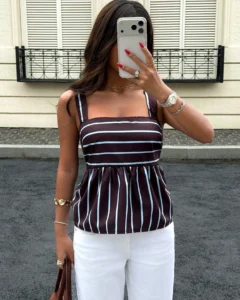 Blusa casual versátil de uso diario con rayas y pliegues