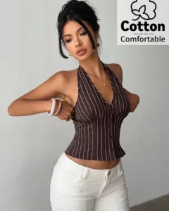 Top delgado de mujer de un solo pecho con cuello alto a rayas