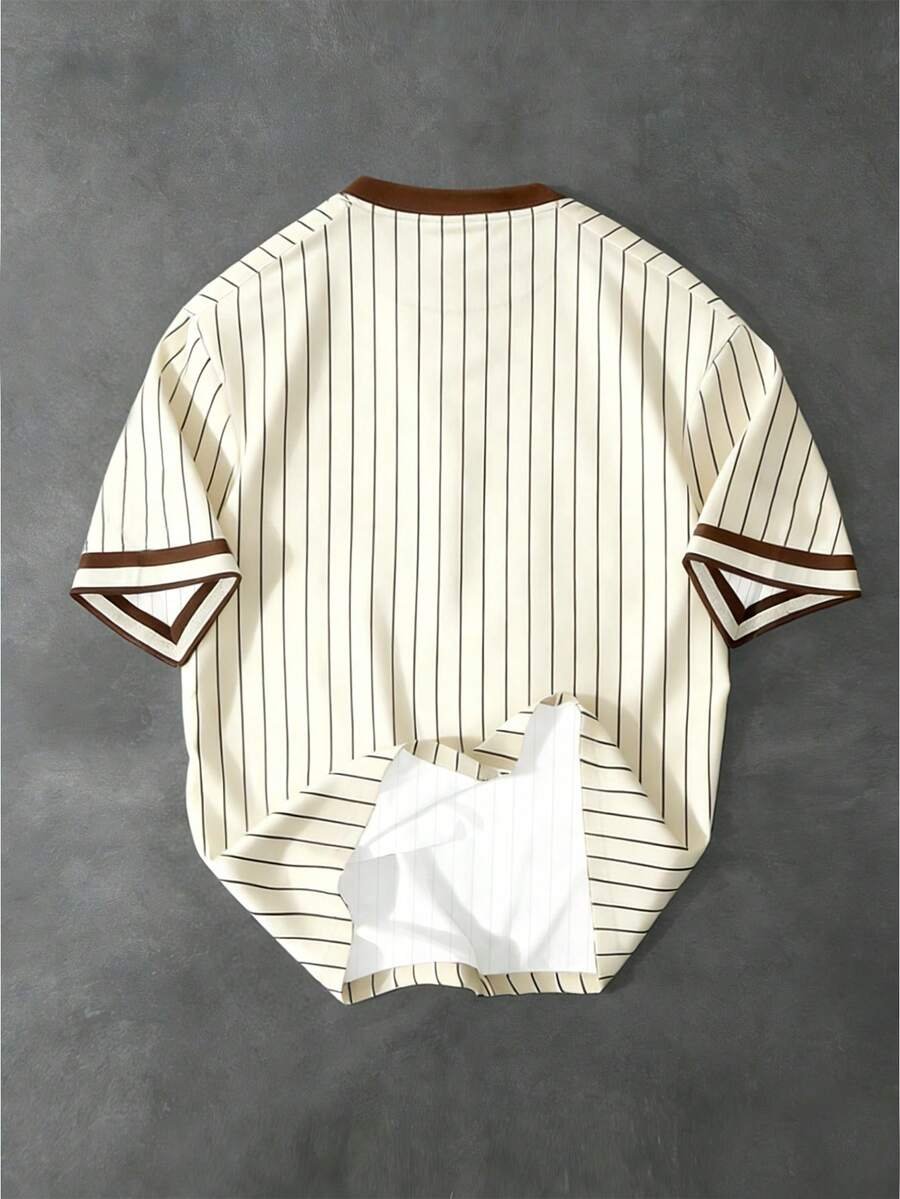 Camiseta casual de hombre con estampado de rayas y letras - Imagen 3