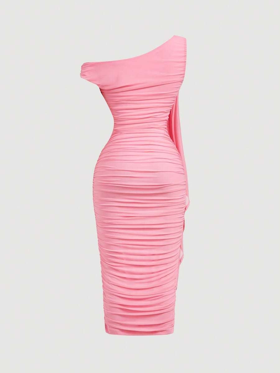 Vestido midi de mujer con cuello asimétrico drapeado, parches y cinturón - Imagen 3