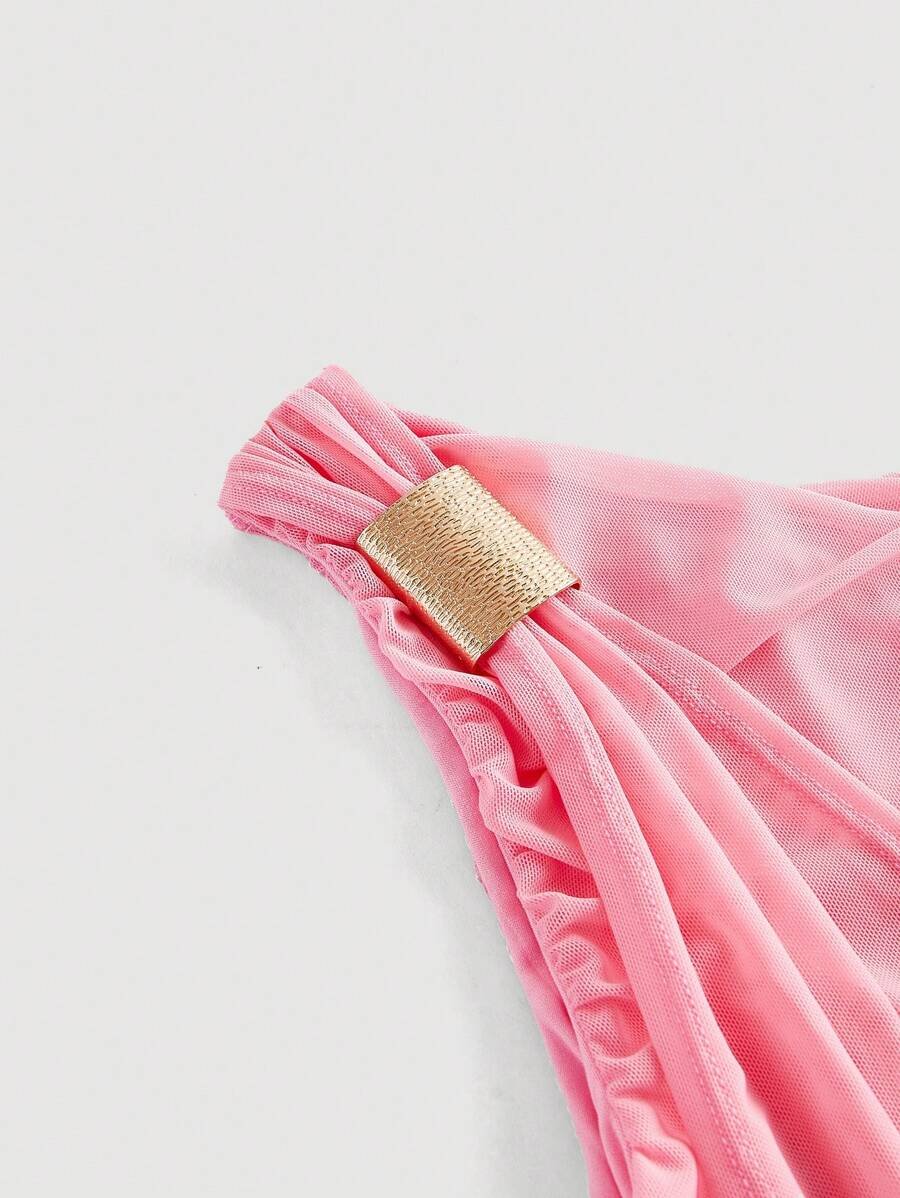 Vestido midi de mujer con cuello asimétrico drapeado, parches y cinturón - Imagen 2