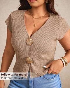Blusa de manga corta con cuello en V y botones metálicos