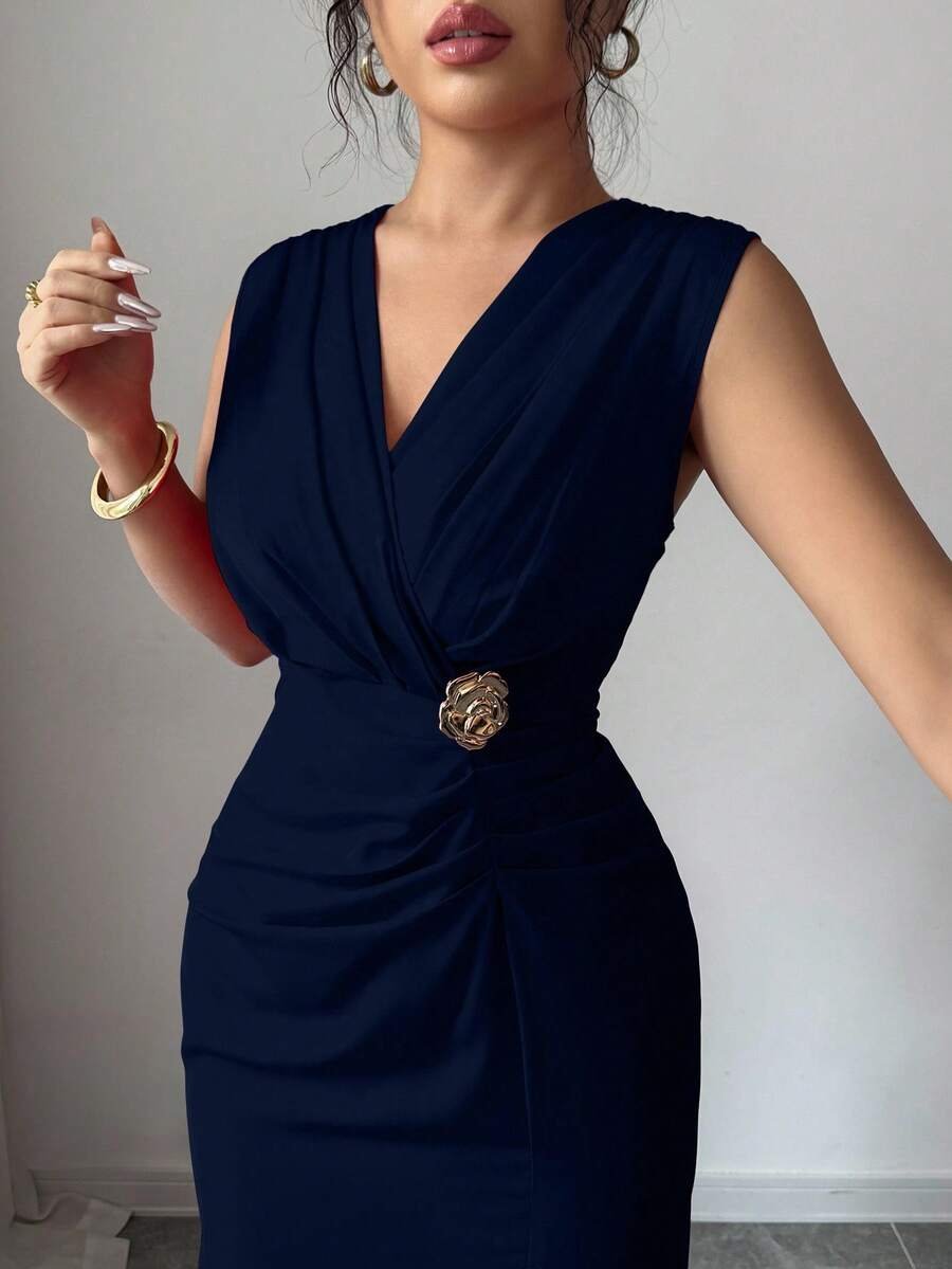 Vestido formal de mujer, vestido plisado con abertura estilizador - Imagen 2