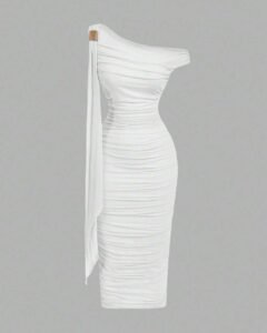 Vestido midi de mujer con cintura anudada y volantes asimétricos de unicolor