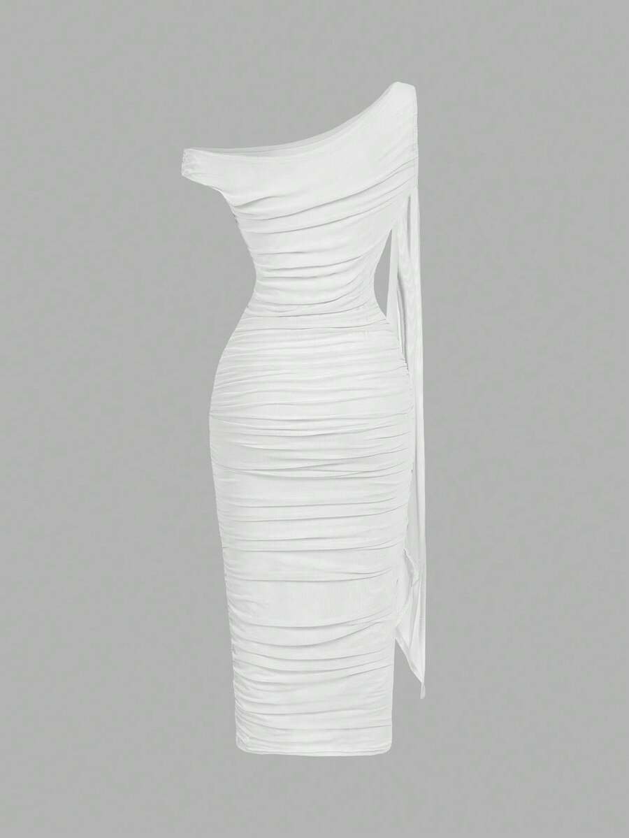 Vestido midi de mujer con cintura anudada y volantes asimétricos de unicolor - Imagen 3