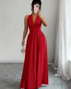 Vestido sin mangas con cuello en V, diseño hueco en la cintura y plisado