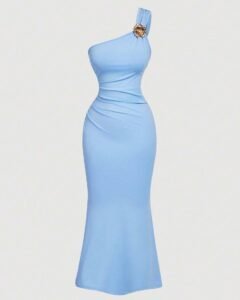 Vestido de verano elegante y ajustado de unicolor con decoración de broche