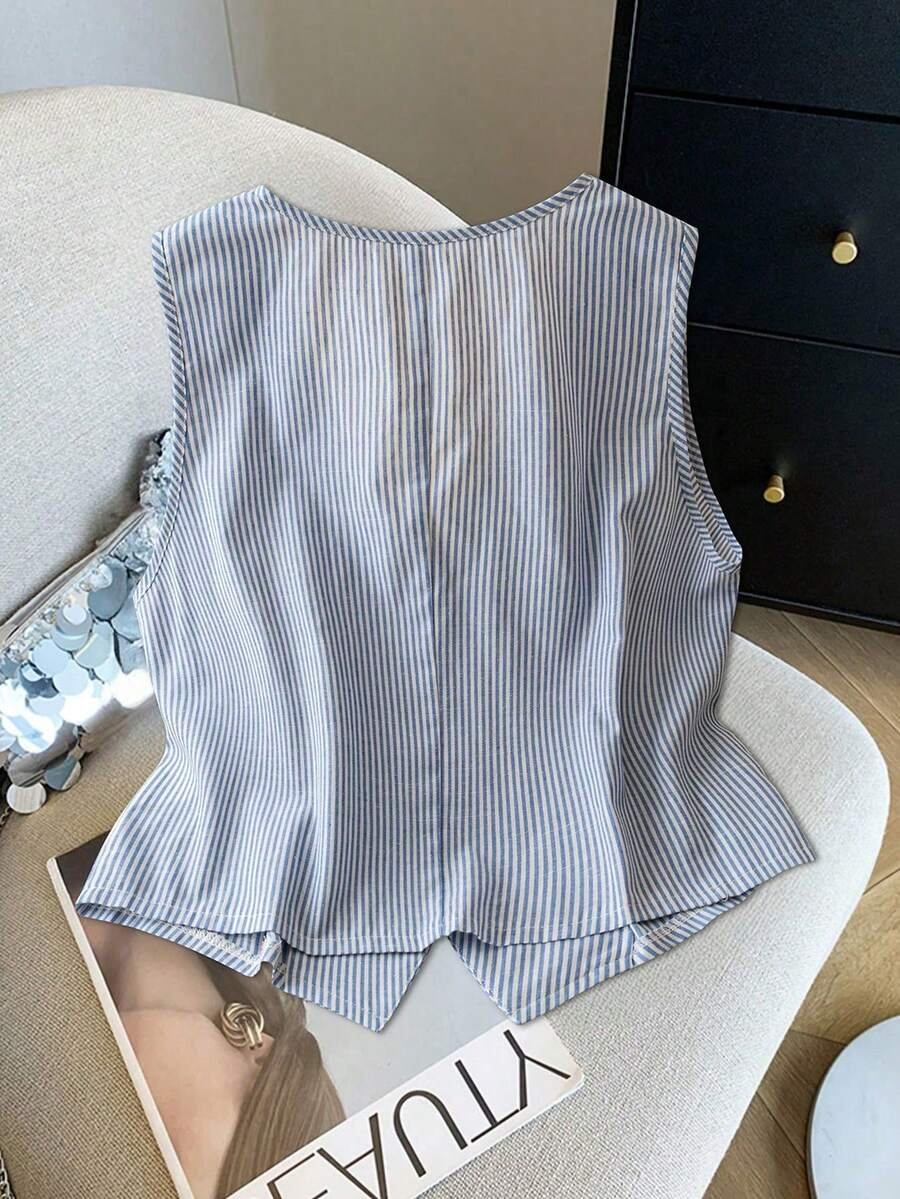 Blusa casual de cuello en V de una sola hilera con rayas y sin mangas - Imagen 3