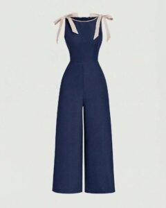 Mono elegante azul marino sin mangas con cuello redondo y decoración de lazo