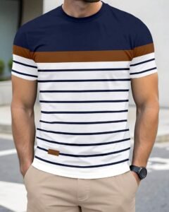 Camiseta de manga corta casual con estampado de bloques de color a rayas