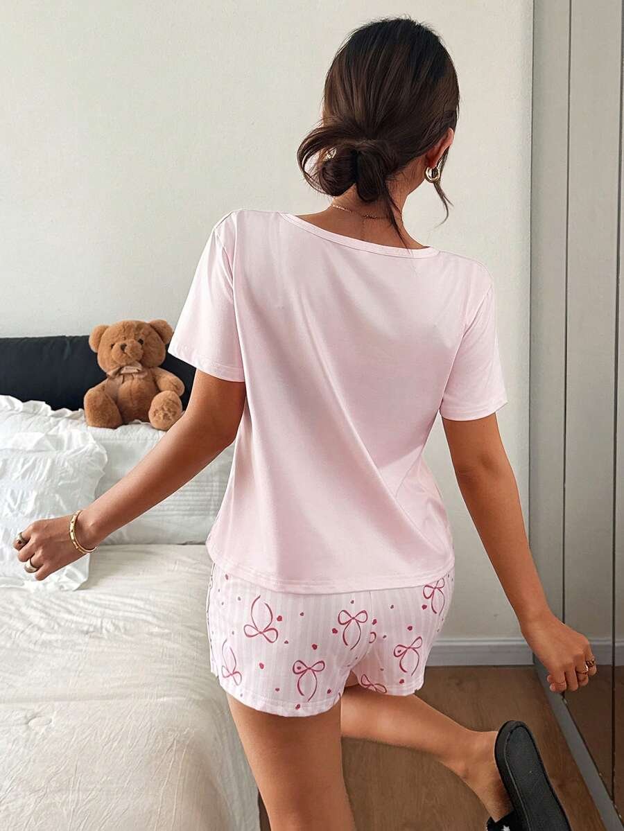 Conjunto de pijama con pantalón corto y estampado de lazo rosa - Imagen 3