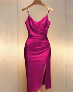 Vestido ajustado de color champán con cuello cruzado