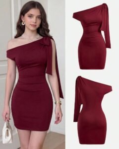 Vestido ajustado con hombros oblicuos y volantes, ceñido a la cintura