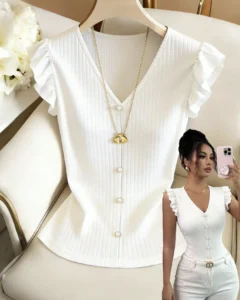 Camiseta de mujer de unicolor con cuello en V, diseño de botones de perlas falsas