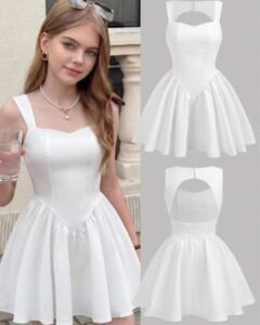 Vestido corto de línea A, color blanco sólido con escote de corazón