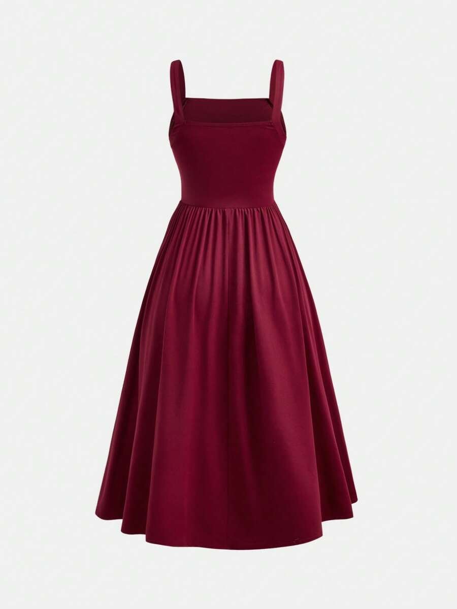Vestido elegante de punto burdeos con cuello cuadrado y vuelo - Imagen 3