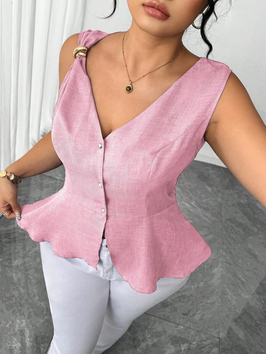 Blusa elegante con cierre de botones de metal y decoración de perla - Imagen 2