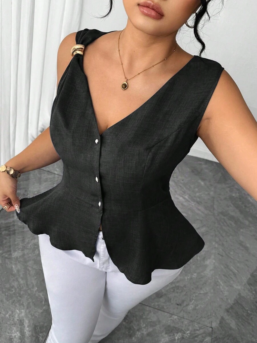 Blusa elegante con cierre de botones de metal y decoración de perla - Imagen 2