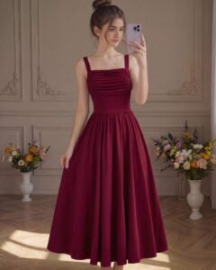 Vestido elegante de punto burdeos con cuello cuadrado y vuelo