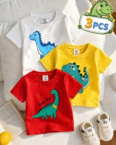 Camiseta de manga corta de punto suave con cuello redondo y estampado de dinosaurio