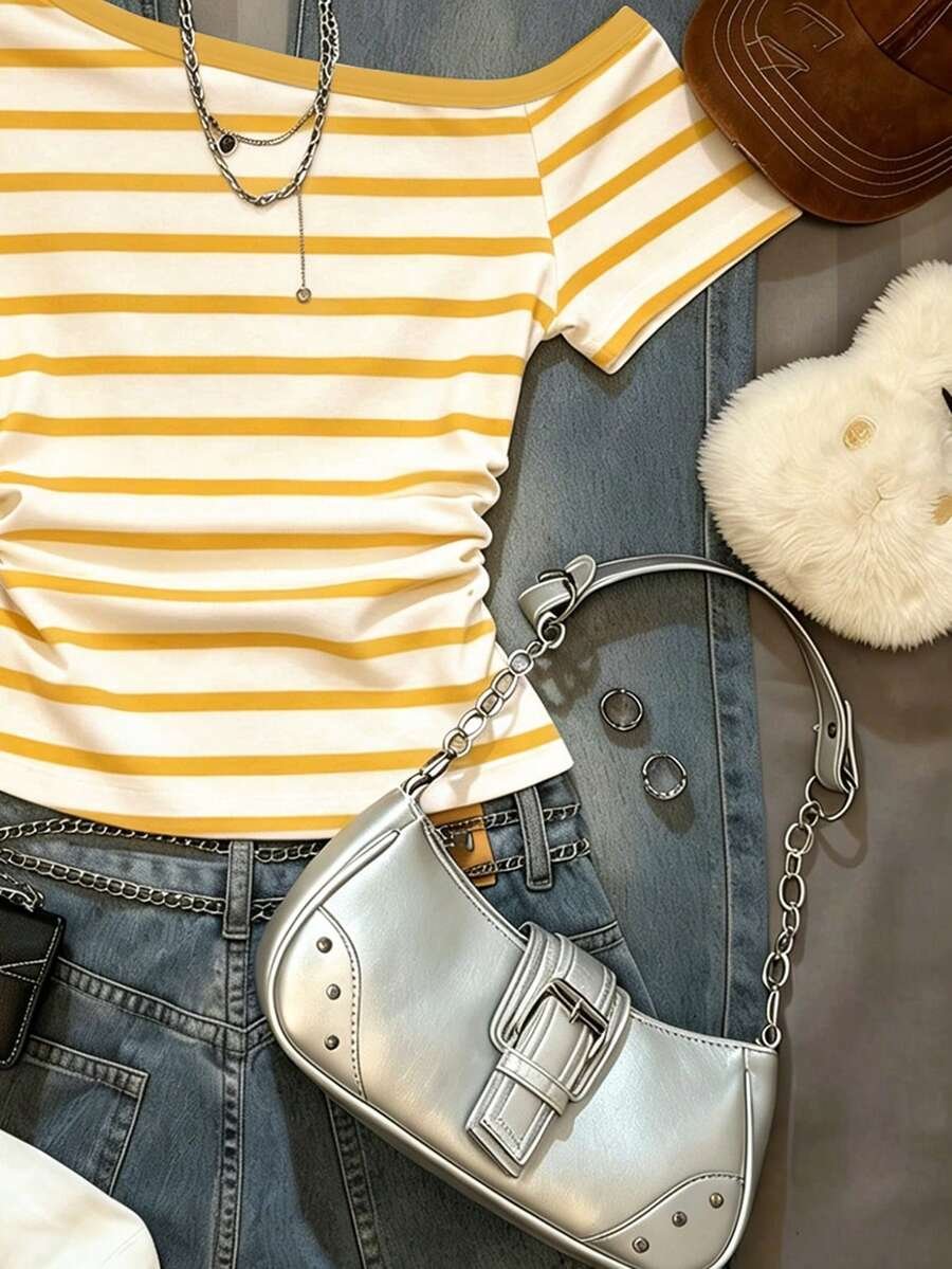 Top casual de mujer con hombro asimétrico y mangas cortas a rayas - Imagen 3