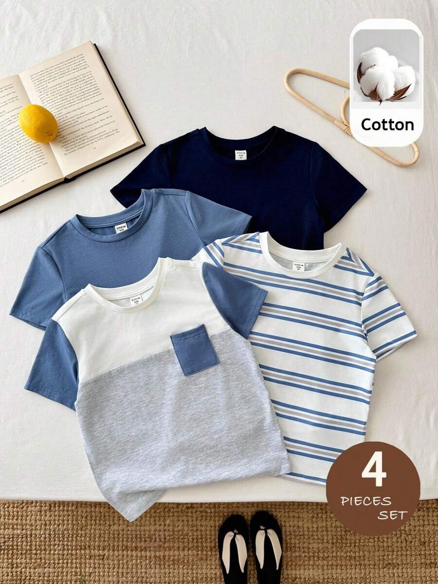 Camisetas de manga corta de cuello redondo cómodas con textura de rayas