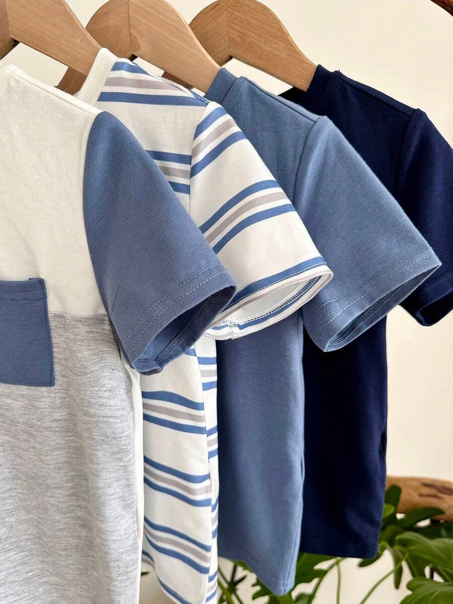 Camisetas de manga corta de cuello redondo cómodas con textura de rayas - Imagen 2