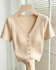 Blusa de punto acanalado de cuello en V de manga corta