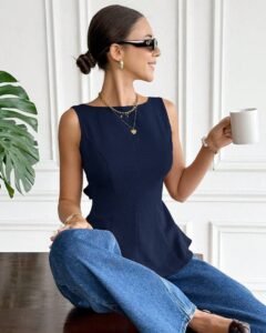 Blusa sin mangas con lazo en la espalda de unicolor elegante