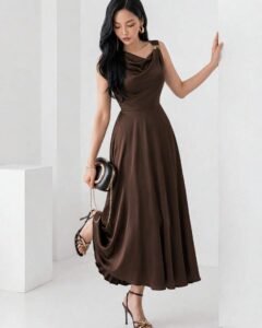 Vestido formal elegante de mujer con hebilla de metal y pliegues