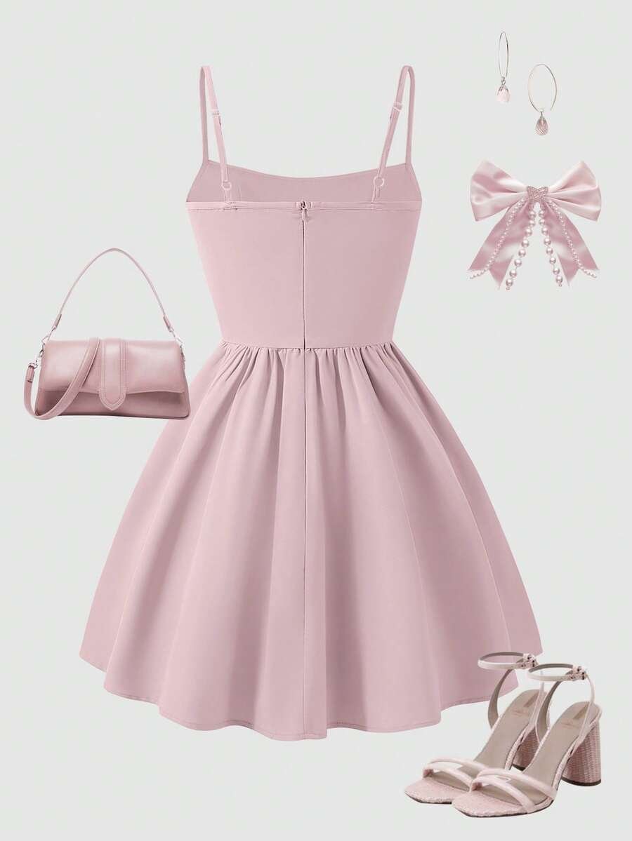 Vestido de tirantes de unicolor con diseño plisado de moda - Imagen 3