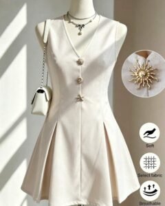 Vestido mini elegante de mujer con cuello en V, decoración de metal y botones