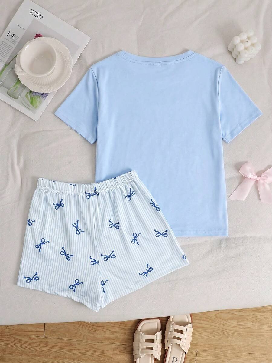 Conjunto casual holgada con estampado de lazo azul - Imagen 2