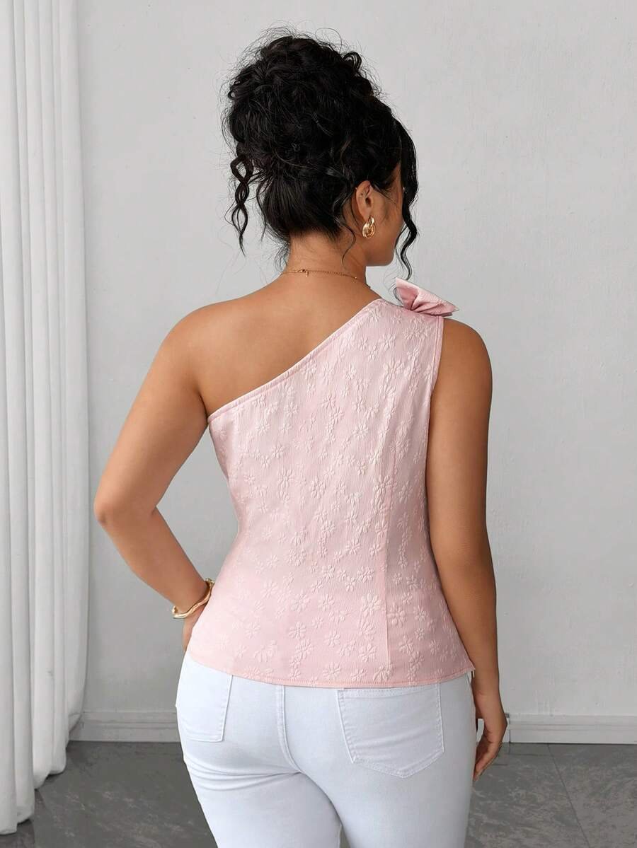 Top sin mangas talla grande para mujer jacquard con lazo rosa - Imagen 3