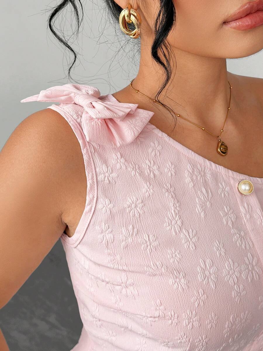 Top sin mangas talla grande para mujer jacquard con lazo rosa - Imagen 2