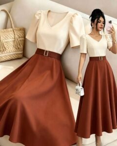 Vestido midi elegante y casual para mujer con cuello en V