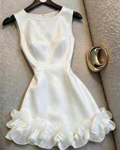 Vestido blanco elegante y casual sin mangas con volantes en el bajo
