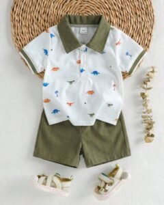 Conjunto Con Estampado de Dinosaurio Cuello Solapa Tela Cómoda