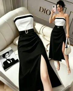 Vestido casual de mujer con bloques de color, bandeau, cintura ceñida