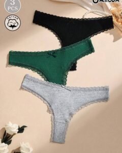Tanga de algodón con parches de encaje y lazo en unicolor