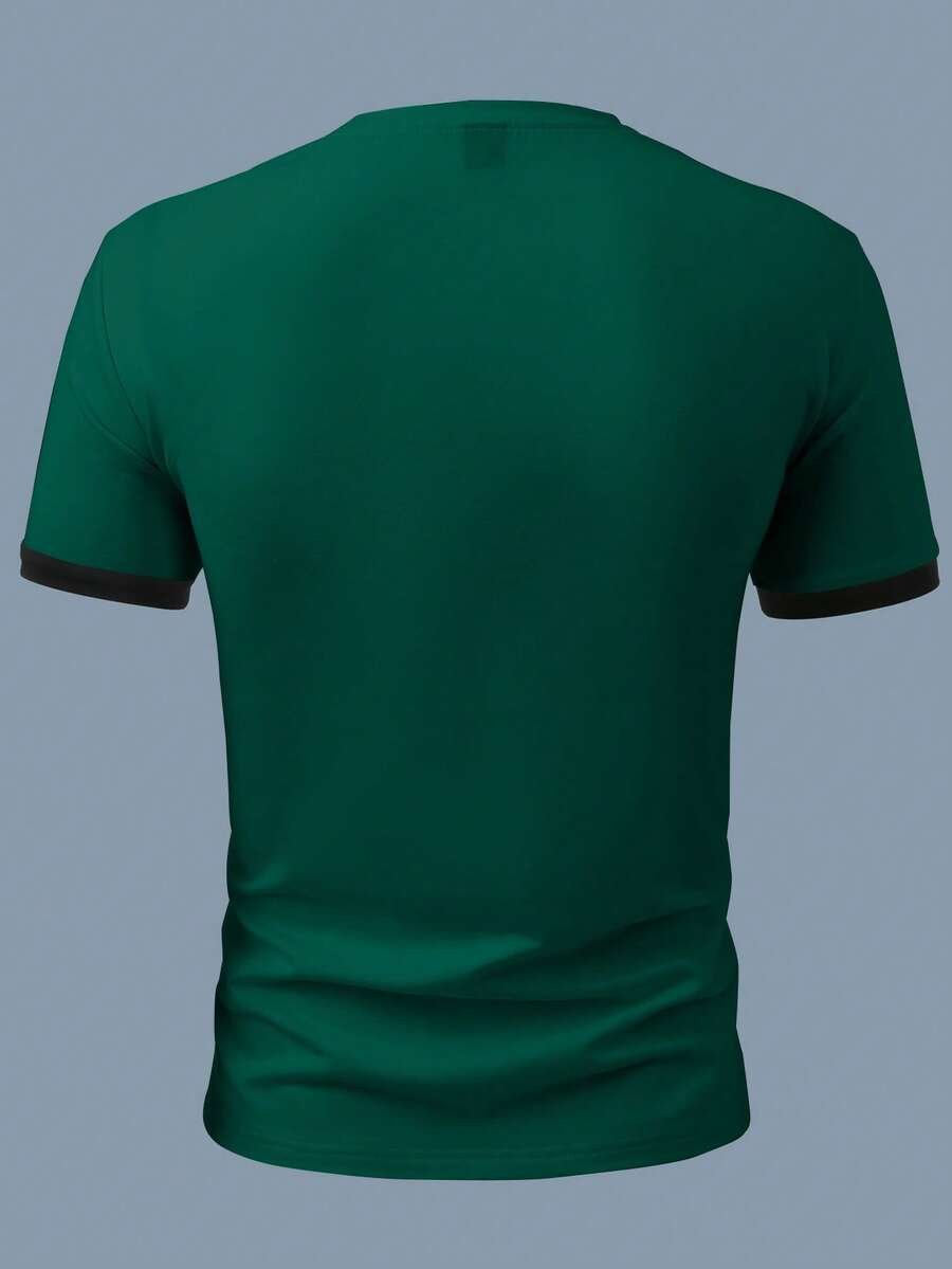 Camiseta de manga corta casual con parche de letra y ribete - Imagen 3